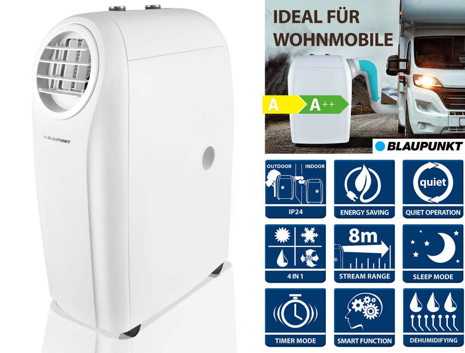 Mobiles Klimagerät Blaupunkt Arrifana 1414L - 4 kW für Räume bis 45 qm, Ideal für Wohnmobile